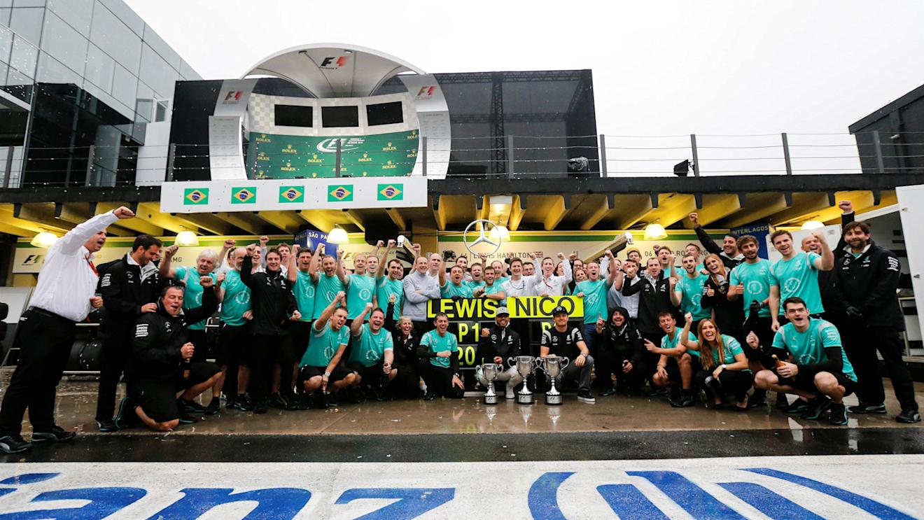 Lewis Hamilton (GBR) Mercedes AMG F1 and Nico Rosberg (GER) Mercedes AMG F1 celebrate with the team at Formula One World Championship, Rd20, Brazilian Grand Prix, Race, Interlagos, Sao Paulo, Brazil, Sunday 13 November 2016. © Sutton Images