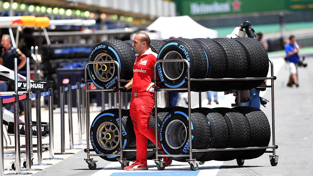 Ferrari mechanic with Pirelli tyres at Formula One World Championship, Rd20, Brazilian Grand Prix, Preparations, Interlagos, Sao Paulo, Brazil, Thursday 10 November 2016. © Sutton Images