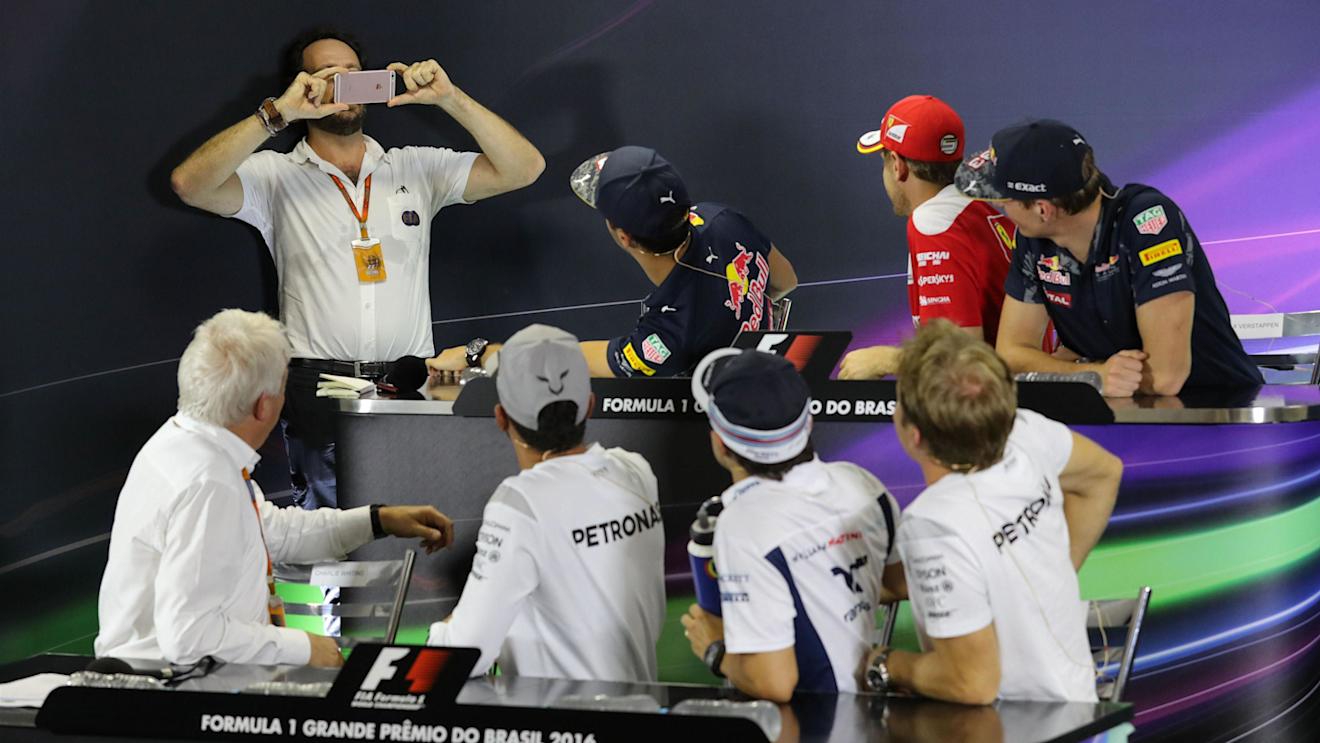 Matteo Bonciani (ITA) FIA Media Delegate takes a photo of Daniel Ricciardo (AUS) Red Bull Racing, Sebastian Vettel (GER) Ferrari, Max Verstappen (NED) Red Bull Racing, Charlie Whiting (GBR) FIA Delegate, Lewis Hamilton (GBR) Mercedes AMG F1, Felipe Massa (BRA) Williams and Nico Rosberg (GER) Mercedes AMG F1 in the Press Conference at Formula One World Championship, Rd20, Brazilian Grand Prix, Preparations, Interlagos, Sao Paulo, Brazil, Thursday 10 November 2016. © Sutton Images