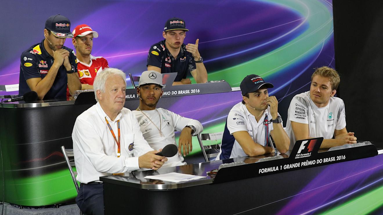 Daniel Ricciardo (AUS) Red Bull Racing, Sebastian Vettel (GER) Ferrari, Max Verstappen (NED) Red Bull Racing, Charlie Whiting (GBR) FIA Delegate, Lewis Hamilton (GBR) Mercedes AMG F1, Felipe Massa (BRA) Williams and Nico Rosberg (GER) Mercedes AMG F1 in the Press Conference at Formula One World Championship, Rd20, Brazilian Grand Prix, Preparations, Interlagos, Sao Paulo, Brazil, Thursday 10 November 2016. © Sutton Images