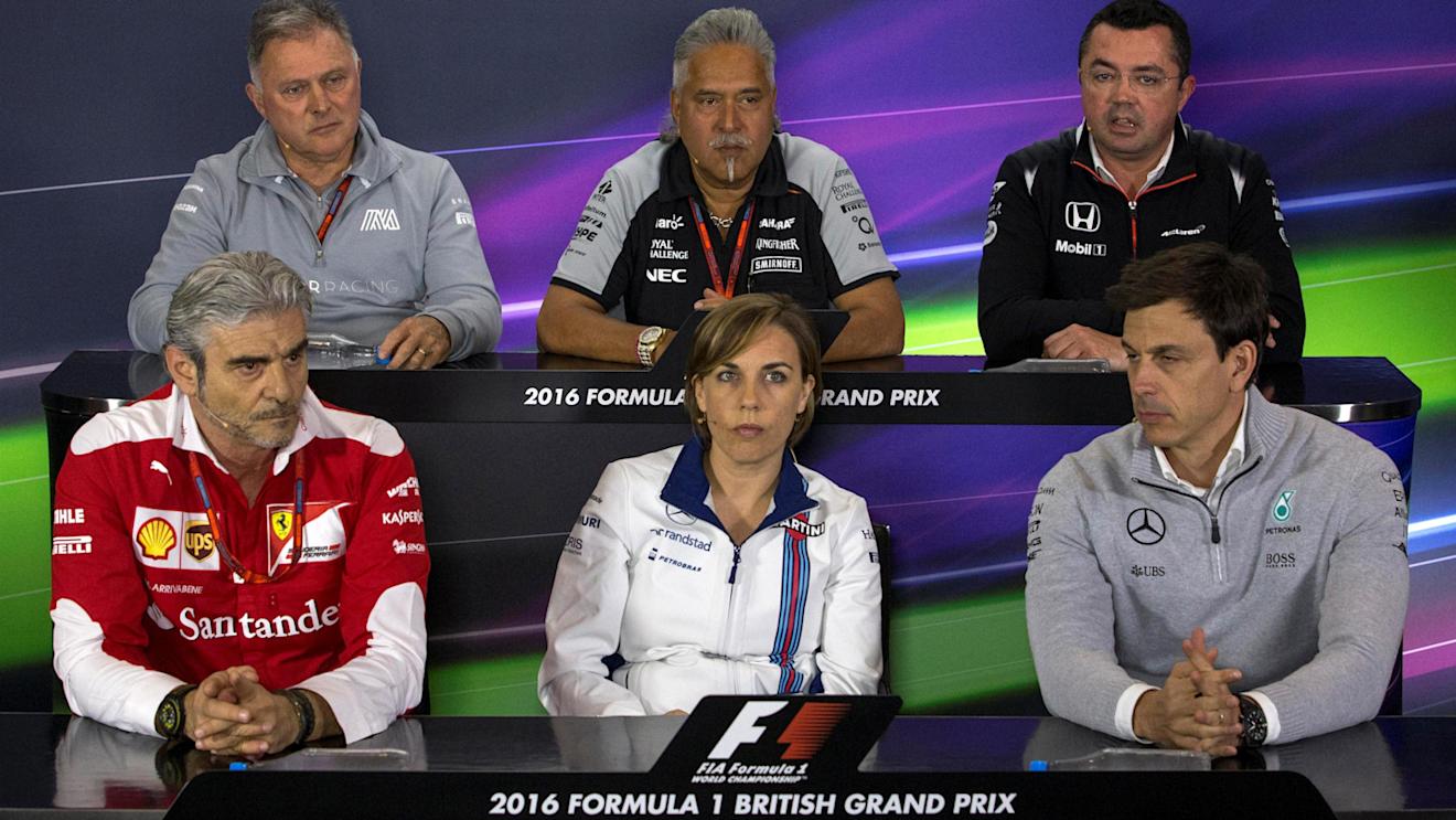 (L to R): Dave Ryan (GBR) Manor Racing Racing Director, Dr. Vijay Mallya (IND) Force India Formula One Team Owner, Eric Boullier (FRA) McLaren Racing Director, Maurizio Arrivabene (ITA) Ferrari Team Principal, Claire Williams (GBR) Williams Deputy Team Principal and Toto Wolff (AUT) Mercedes AMG F1 Director of Motorsport in the Press Conference at Formula One World Championship, Rd10, British Grand Prix, Practice, Silverstone, England, Friday 8 July 2016. © Sutton Images