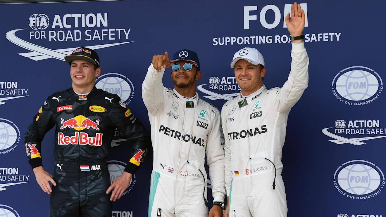 (L to R): Max Verstappen (NED) Red Bull Racing, pole sitter Lewis Hamilton (GBR) Mercedes AMG F1 and Nico Rosberg (GER) Mercedes AMG F1 celebrate in parc ferme at Formula One World Championship, Rd10, British Grand Prix, Qualifying, Silverstone, England, Saturday 9 July 2016. © Sutton Images