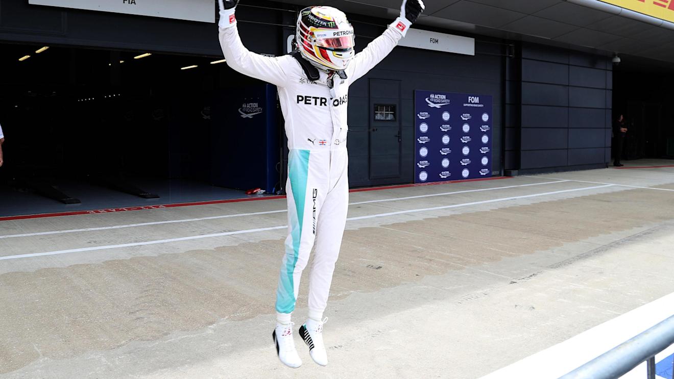 Pole sitter Lewis Hamilton (GBR) Mercedes AMG F1 celebrates in parc ferme at Formula One World Championship, Rd10, British Grand Prix, Qualifying, Silverstone, England, Saturday 9 July 2016. © Sutton Images