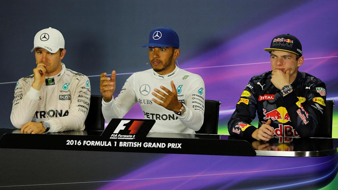 Nico Rosberg (GER) Mercedes AMG F1, Lewis Hamilton (GBR) Mercedes AMG F1 and Max Verstappen (NED) Red Bull Racing in the Press Conference at Formula One World Championship, Rd10, British Grand Prix, Race, Silverstone, England, Sunday 10 July 2016. © Sutton Images