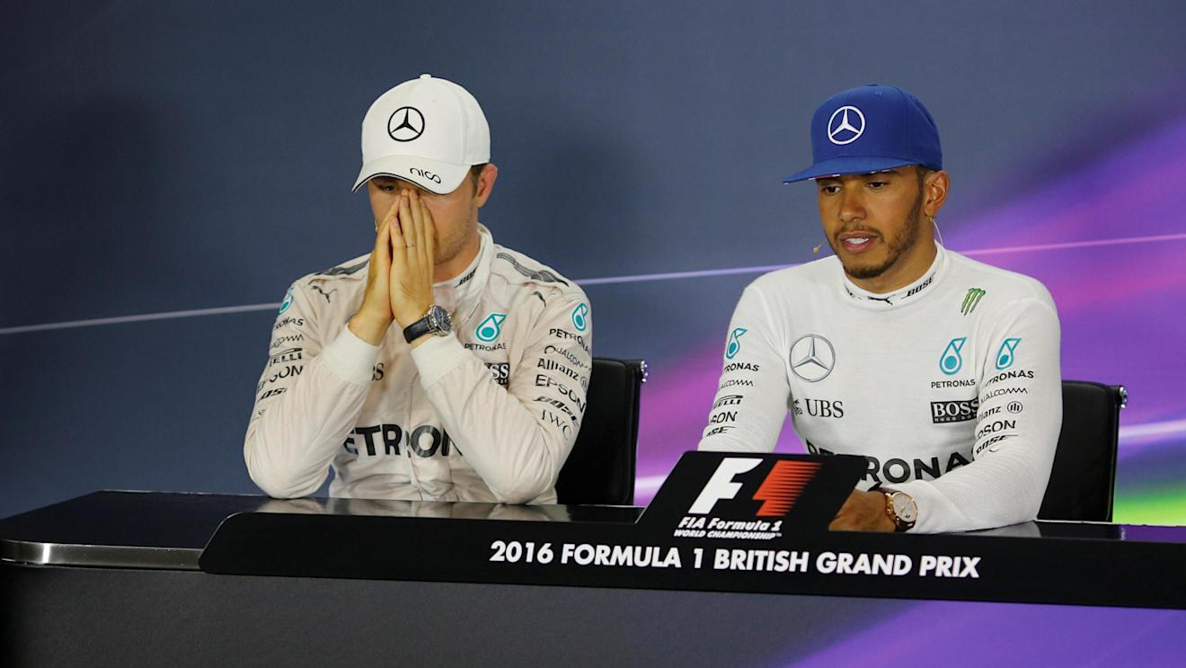 Nico Rosberg (GER) Mercedes AMG F1 and Lewis Hamilton (GBR) Mercedes AMG F1 in the Press Conference at Formula One World Championship, Rd10, British Grand Prix, Race, Silverstone, England, Sunday 10 July 2016. © Sutton Images