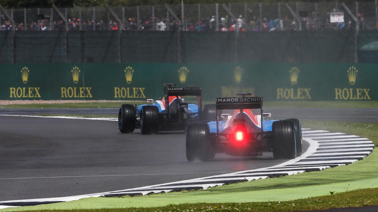 Pascal Wehrlein (GER) Manor Racing MRT05 and Rio Haryanto (IDN) Manor Racing MRT05 at Formula One World Championship, Rd10, British Grand Prix, Race, Silverstone, England, Sunday 10 July 2016. © Sutton Images