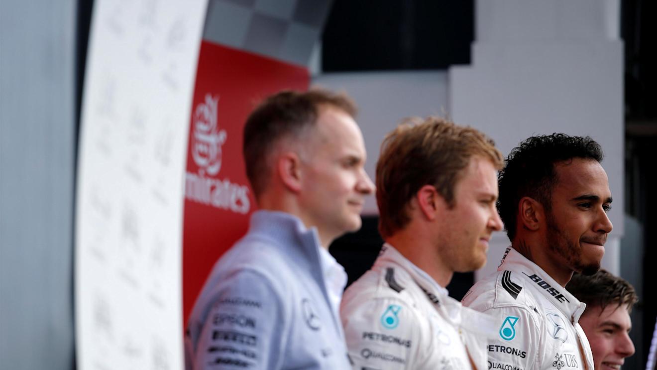 (L to R): John Owen (GBR) Mercedes AMG F1 Chief Designer, Nico Rosberg (GER) Mercedes AMG F1 and Lewis Hamilton (GBR) Mercedes AMG F1 on the podium at Formula One World Championship, Rd10, British Grand Prix, Race, Silverstone, England, Sunday 10 July 2016. © Sutton Images