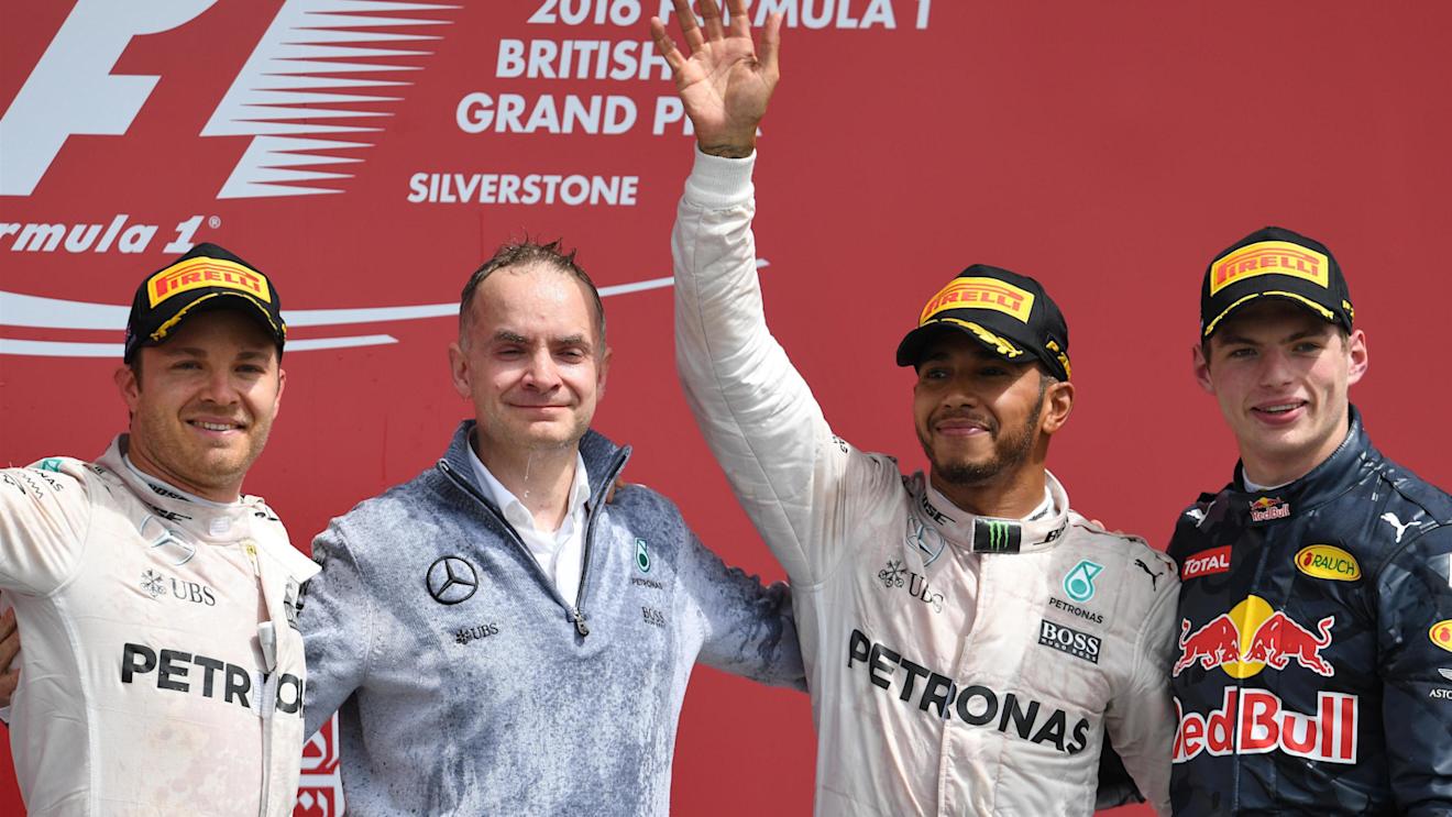 (L to R): Nico Rosberg (GER) Mercedes AMG F1, John Owen (GBR) Mercedes AMG F1 Chief Designer, Lewis Hamilton (GBR) Mercedes AMG F1 and Max Verstappen (NED) Red Bull Racing celebrate on the podium at Formula One World Championship, Rd10, British Grand Prix, Race, Silverstone, England, Sunday 10 July 2016. © Sutton Images