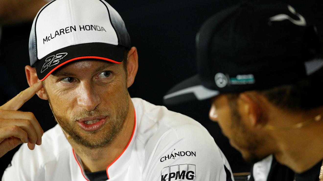 Jenson Button (GBR) McLaren and Lewis Hamilton (GBR) Mercedes AMG F1 in the Press Conference at Formula One World Championship, Rd10, British Grand Prix, Preparations, Silverstone, England, Thursday 7 July 2016. © Sutton Images
