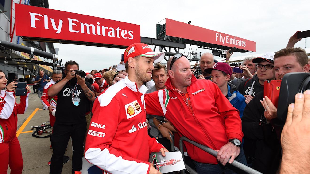 Sebastian Vettel (GER) Ferrari fans selfie at Formula One World Championship, Rd10, British Grand Prix, Preparations, Silverstone, England, Thursday 7 July 2016. © Sutton Images