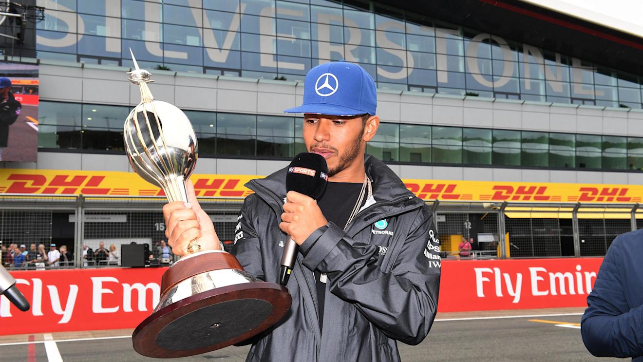 Lewis Hamilton (GBR) Mercedes AMG F1 with the Hawthorn Memorial Trophy at Formula One World Championship, Rd10, British Grand Prix, Preparations, Silverstone, England, Thursday 7 July 2016. © Sutton Images