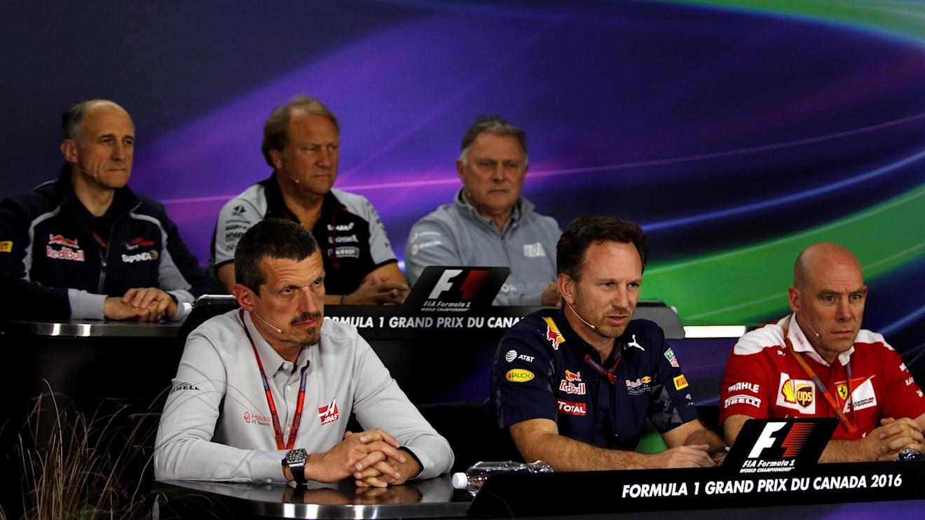 (L to R): Franz Tost (AUT) Scuderia Toro Rosso Team Principal, Guenther Steiner (ITA) Haas F1 Team Prinicipal, Robert Fearnley (GBR) Force India F1 Team Deputy Team Principal, Dave Ryan (GBR) Manor Racing Racing Director, Christian Horner (GBR) Red Bull Racing Team Principal and Jock Clear (GBR) Ferrari Chief Engineer in the Press Conference at Formula One World Championship, Rd7, Canadian Grand Prix, Practice, Montreal, Canada, Friday 10 June 2016. © Sutton Images