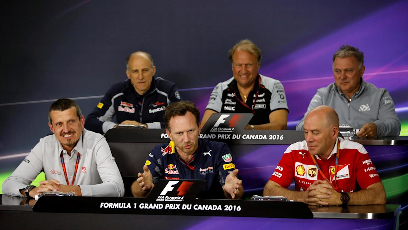 (L to R): Guenther Steiner (ITA) Haas F1 Team Prinicipal, Franz Tost (AUT) Scuderia Toro Rosso Team Principal, Christian Horner (GBR) Red Bull Racing Team Principal, Robert Fearnley (GBR) Force India F1 Team Deputy Team Principal, Jock Clear (GBR) Ferrari Chief Engineer and Dave Ryan (GBR) Manor Racing Racing Director in the Press Conference at Formula One World Championship, Rd7, Canadian Grand Prix, Practice, Montreal, Canada, Friday 10 June 2016. © Sutton Images