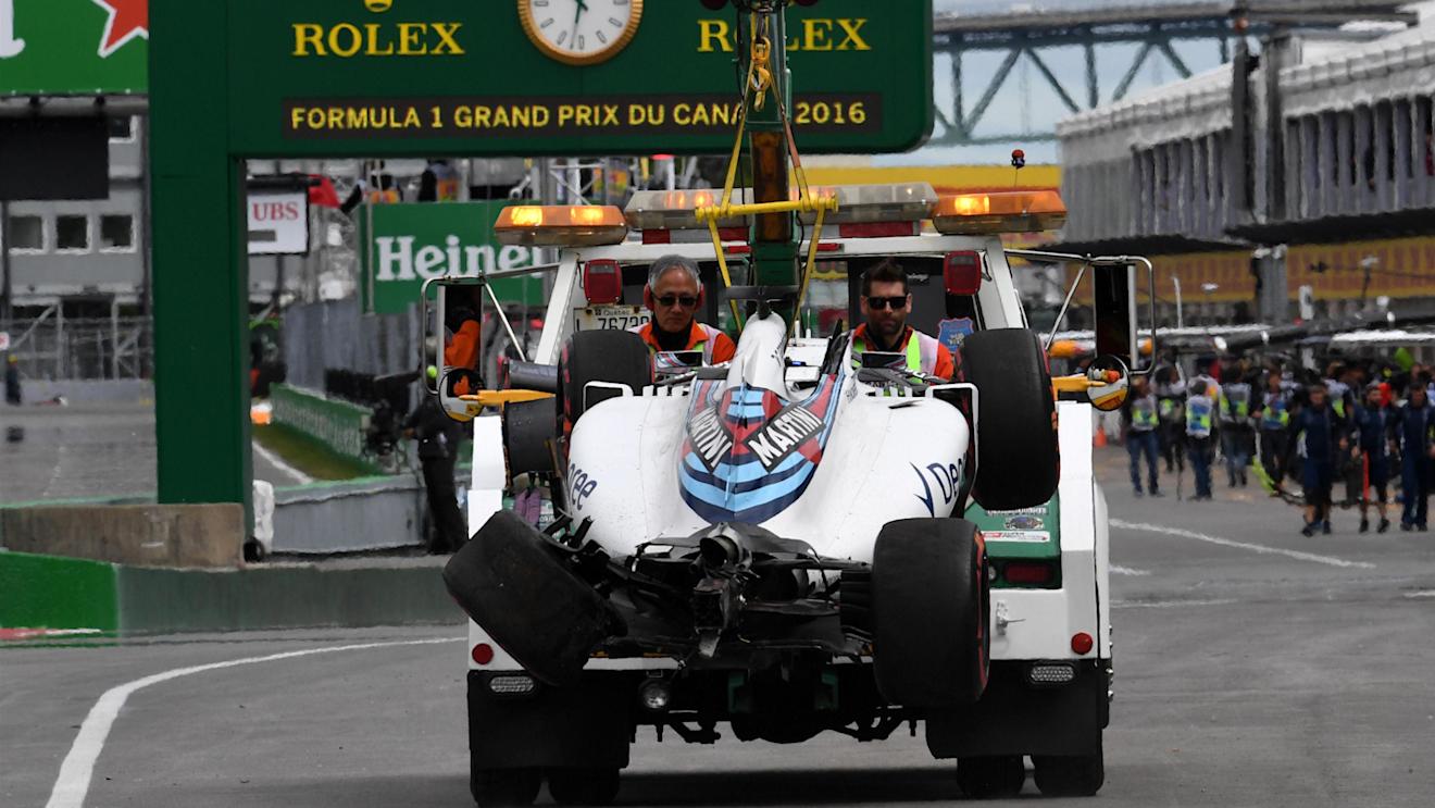 The crashed car of Felipe Massa (BRA) Williams FW38 is recovered tobthe pits in FP1 at Formula One World Championship, Rd7, Canadian Grand Prix, Practice, Montreal, Canada, Friday 10 June 2016. © Sutton Images