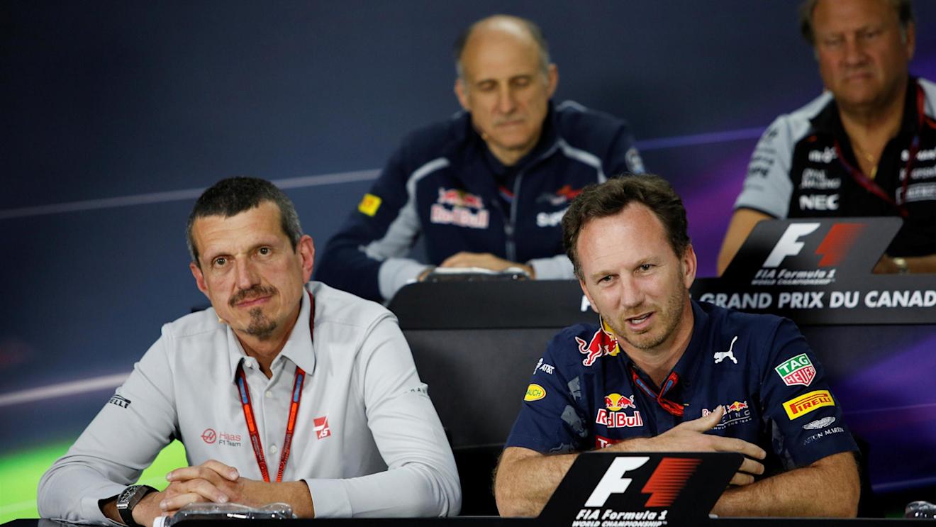 Guenther Steiner (ITA) Haas F1 Team Prinicipal and Christian Horner (GBR) Red Bull Racing Team Principal in the Press Conference at Formula One World Championship, Rd7, Canadian Grand Prix, Practice, Montreal, Canada, Friday 10 June 2016. © Sutton Images