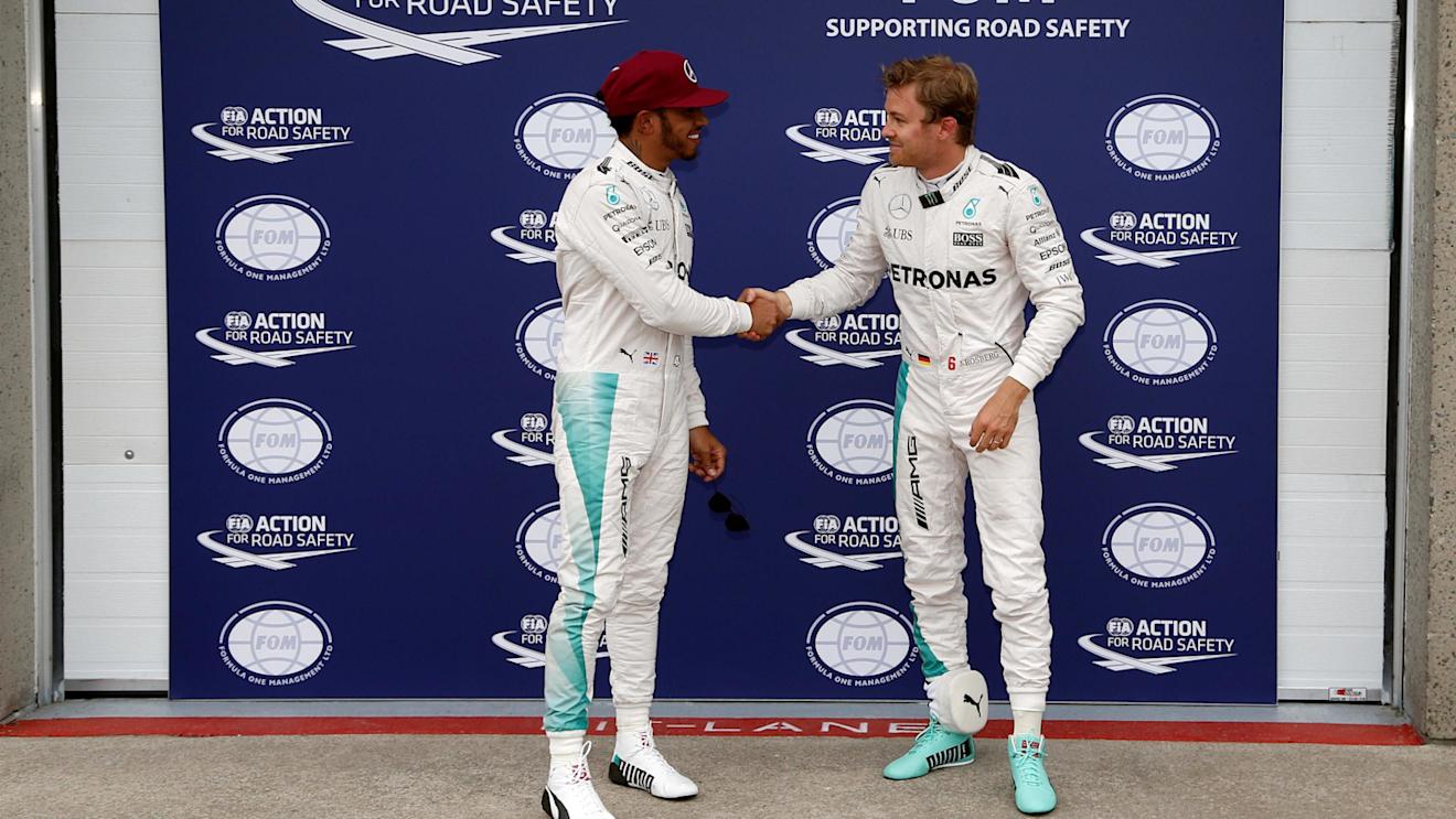 Pole sitter Lewis Hamilton (GBR) Mercedes AMG F1 and Nico Rosberg (GER) Mercedes AMG F1 celebrate in parc ferme at Formula One World Championship, Rd7, Canadian Grand Prix, Qualifying, Montreal, Canada, Saturday 11 June 2016. © Sutton Images