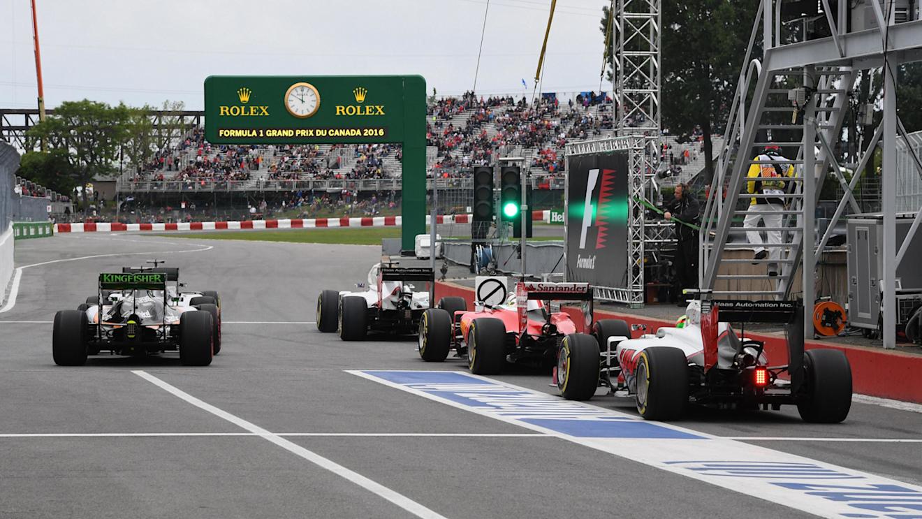 Cars leave pit lane at Formula One World Championship, Rd7, Canadian Grand Prix, Qualifying, Montreal, Canada, Saturday 11 June 2016. © Sutton Images