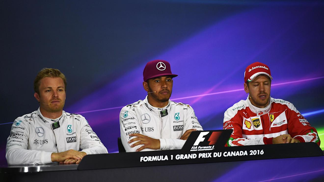 (L to R): Nico Rosberg (GER) Mercedes AMG F1, Lewis Hamilton (GBR) Mercedes AMG F1 and Sebastian Vettel (GER) Ferrari in the Press Conference at Formula One World Championship, Rd7, Canadian Grand Prix, Qualifying, Montreal, Canada, Saturday 11 June 2016. © Sutton Images