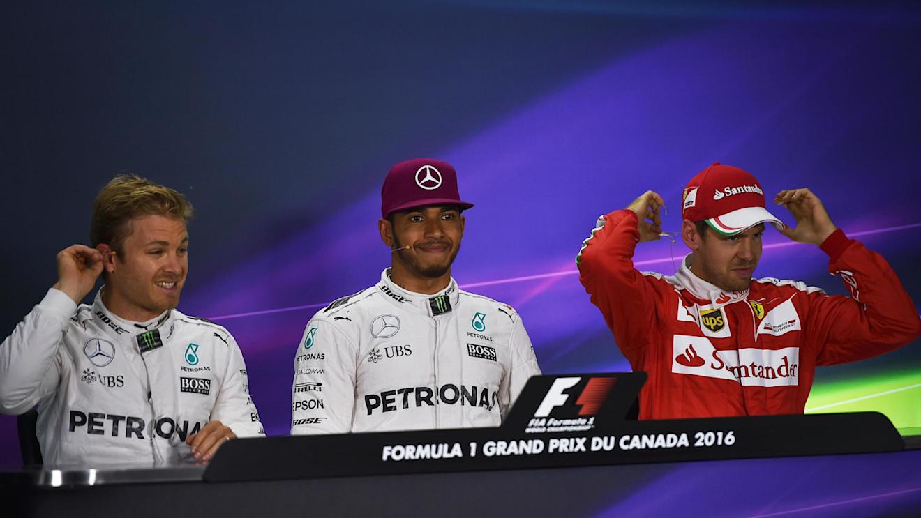 (L to R): Nico Rosberg (GER) Mercedes AMG F1, Sebastian Vettel (GER) Ferrari and Nico Rosberg (GER) Mercedes AMG F1 in the Press Conference at Formula One World Championship, Rd7, Canadian Grand Prix, Qualifying, Montreal, Canada, Saturday 11 June 2016. © Sutton Images
