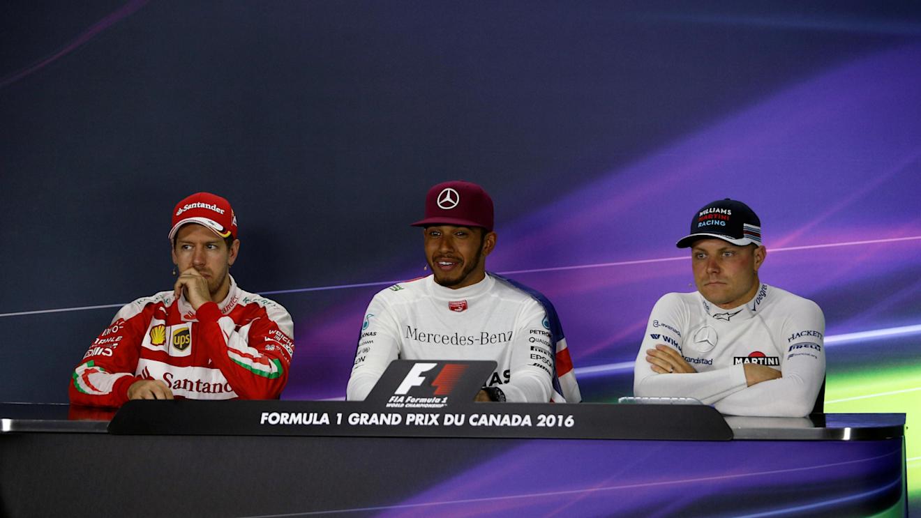 (L to R): Sebastian Vettel (GER) Ferrari, race winner Lewis Hamilton (GBR) Mercedes AMG F1 and Valtteri Bottas (FIN) Williams in the Press Conference at Formula One World Championship, Rd7, Canadian Grand Prix, Race, Montreal, Canada, Sunday 12 June 2016. © Sutton Images