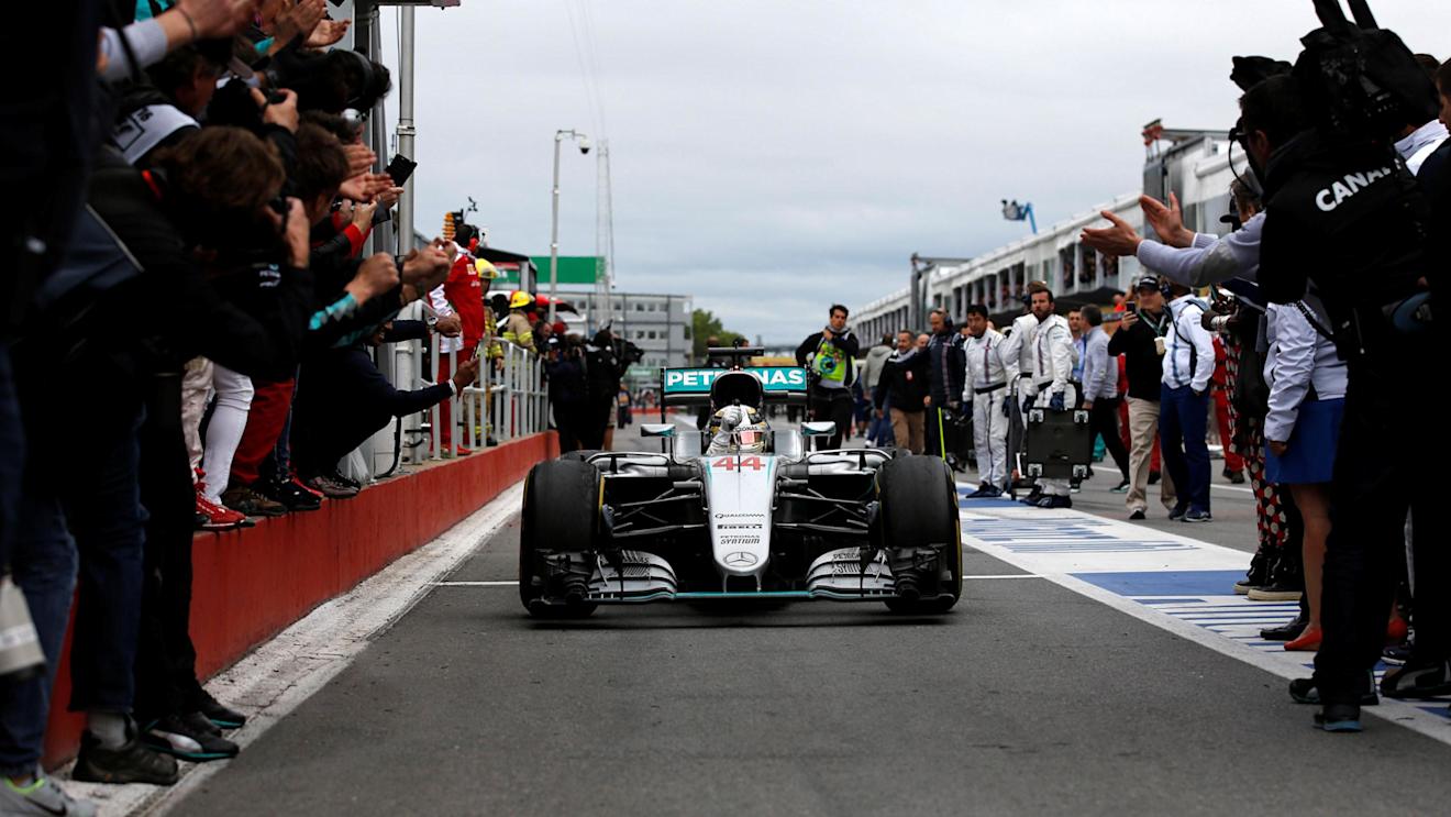 Race winner Lewis Hamilton (GBR) Mercedes-Benz F1 W07 Hybrid arrives parc ferme at Formula One World Championship, Rd7, Canadian Grand Prix, Race, Montreal, Canada, Sunday 12 June 2016. © Sutton Images