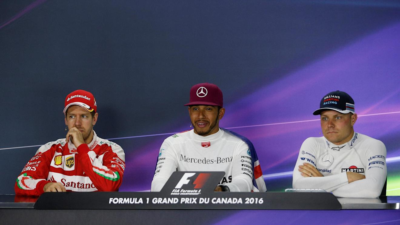 (L to R): Sebastian Vettel (GER) Ferrari, race winner Lewis Hamilton (GBR) Mercedes AMG F1 and Valtteri Bottas (FIN) Williams in the Press Conference at Formula One World Championship, Rd7, Canadian Grand Prix, Race, Montreal, Canada, Sunday 12 June 2016. © Sutton Images