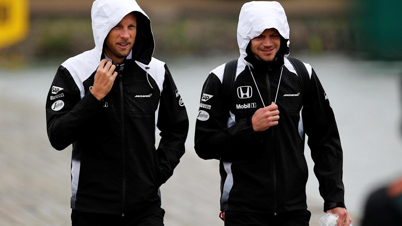 Jenson Button (GBR) McLaren with his trainer Mike Collier (GBR) at Formula One World Championship, Rd7, Canadian Grand Prix, Race, Montreal, Canada, Sunday 12 June 2016. © Sutton Images