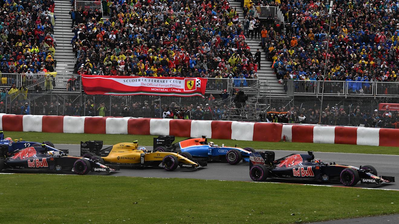 Daniil Kvyat (RUS) Scuderia Toro Rosso STR11, Pascal Wehrlein (GER) Manor Racing MRT05, Jolyon Palmer (GBR) Renault Sport F1 Team RS16 and Carlos Sainz jr (ESP) Scuderia Toro Rosso STR11 at the start of the race at Formula One World Championship, Rd7, Canadian Grand Prix, Race, Montreal, Canada, Sunday 12 June 2016. © Sutton Images