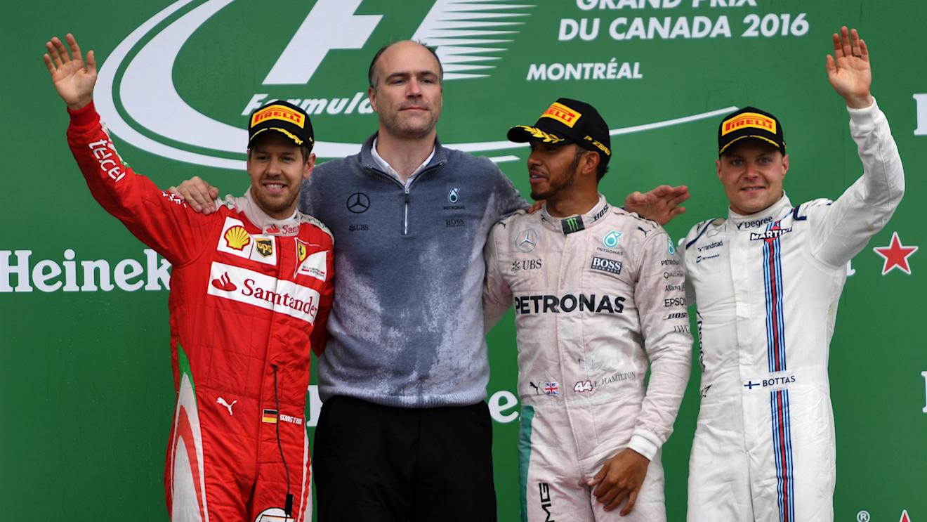 (L to R): Sebastian Vettel (GER) Ferrari, Simon Roberts (GBR) Mercedes AMG F1, race winner Lewis Hamilton (GBR) Mercedes AMG F1 and Valtteri Bottas (FIN) Williams celebrate on the podium at Formula One World Championship, Rd7, Canadian Grand Prix, Race, Montreal, Canada, Sunday 12 June 2016. © Sutton Images