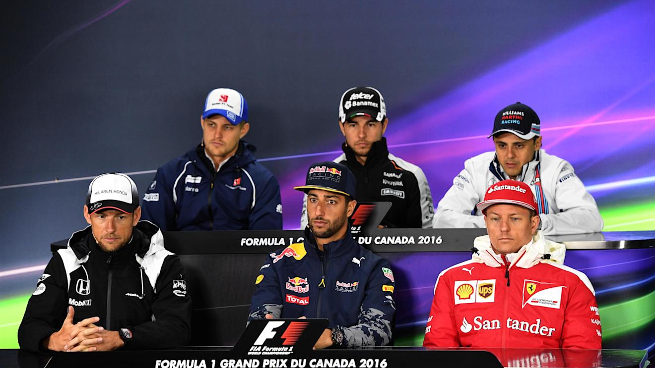 (L to R): Jenson Button (GBR) McLaren, Marcus Ericsson (SWE) Sauber, Daniel Ricciardo (AUS) Red Bull Racing, Sergio Perez (MEX) Force India, Felipe Massa (BRA) Williams and Kimi Raikkonen (FIN) Ferrari in the Press Conference at Formula One World Championship, Rd7, Canadian Grand Prix, Preparations, Montreal, Canada, Thursday 9 June 2016. © Sutton Images