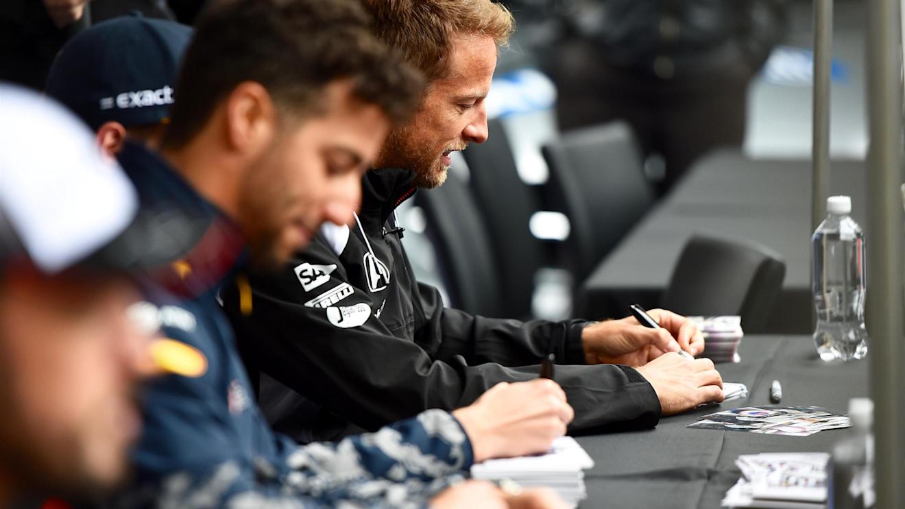 Jenson Button (GBR) McLaren and Daniel Ricciardo (AUS) Red Bull Racing at the autograph session at Formula One World Championship, Rd7, Canadian Grand Prix, Preparations, Montreal, Canada, Thursday 9 June 2016. © Sutton Images