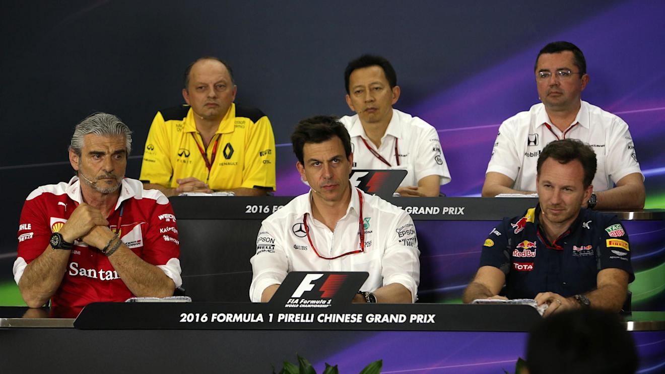 (L to R): Frederic Vasseur (FRA) Renault Sport F1 Team Racing Director, Yusuke Hasegawa (JPN) Head of Honda Motorsport, Eric Boullier (FRA) McLaren Racing Director, Maurizio Arrivabene (ITA) Ferrari Team Principal, Toto Wolff (AUT) Mercedes AMG F1 Director of Motorsport and Christian Horner (GBR) Red Bull Racing Team Principal in the Press Conference at Formula One World Championship, Rd3, Chinese Grand Prix, Practice, Shanghai, China, Friday 15 April 2016. © Sutton Motorsport Images