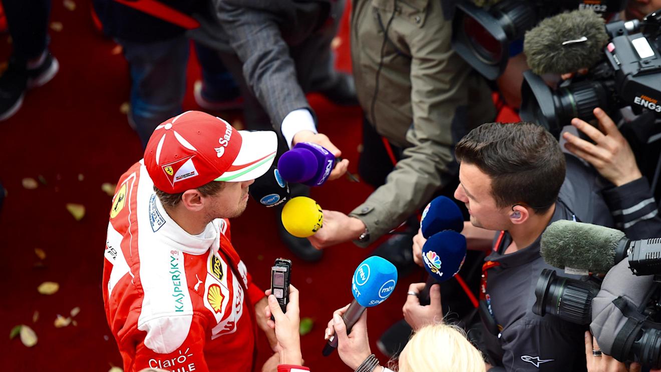 Sebastian Vettel (GER) Ferrari talks with the media at Formula One World Championship, Rd3, Chinese Grand Prix, Qualifying, Shanghai, China, Saturday 16 April 2016. © Sutton Motorsport Images