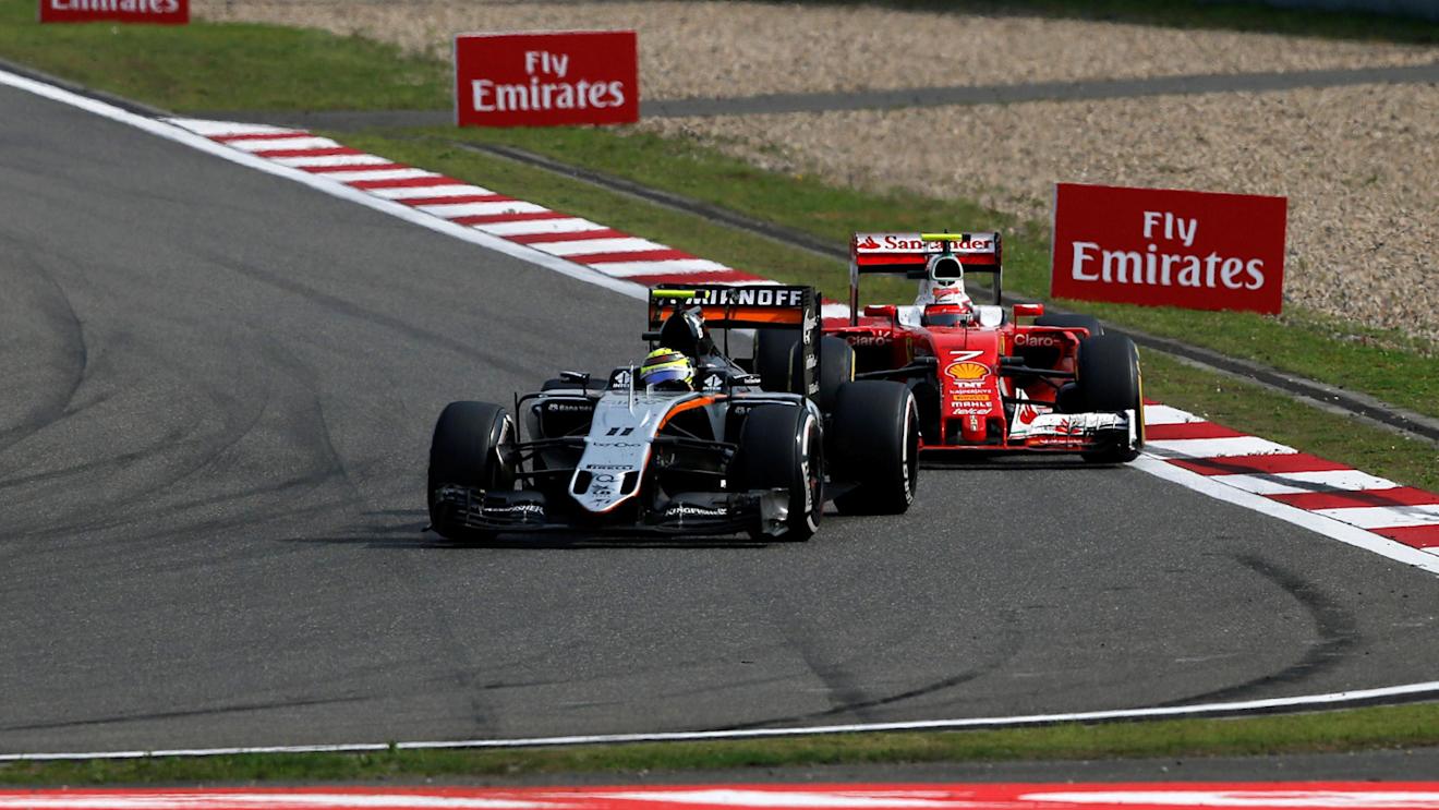 Sergio Perez (MEX) Force India VJM09 and Kimi Raikkonen (FIN) Ferrari SF16-H at Formula One World Championship, Rd3, Chinese Grand Prix, Race, Shanghai, China, Sunday 17 April 2016. © Sutton Motorsport Images
