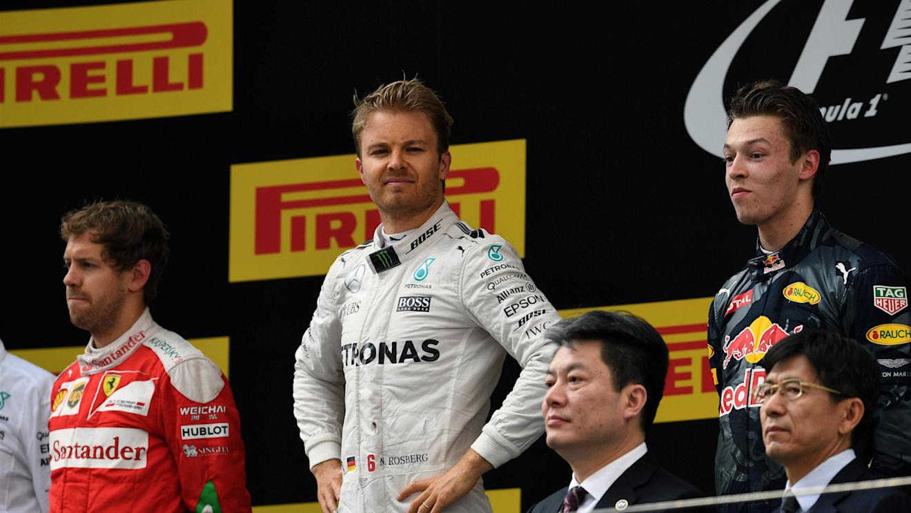 Sebastian Vettel (GER) Ferrari, Daniil Kvyat (RUS) Red Bull Racing and Nico Rosberg (GER) Mercedes AMG F1 on the podium at Formula One World Championship, Rd3, Chinese Grand Prix, Race, Shanghai, China, Sunday 17 April 2016. © Sutton Motorsport Images