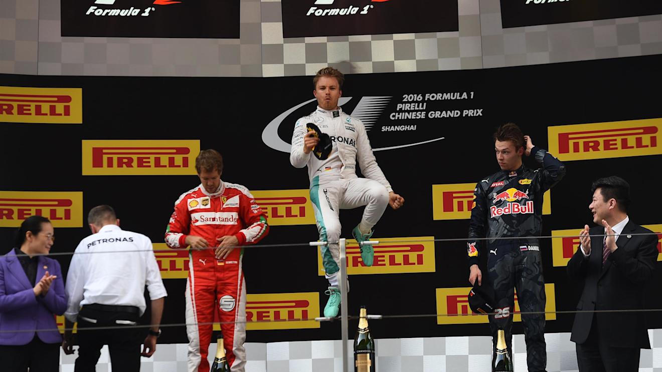Sebastian Vettel (GER) Ferrari, Nico Rosberg (GER) Mercedes AMG F1 and Daniil Kvyat (RUS) Red Bull Racing celebrate on the podium at Formula One World Championship, Rd3, Chinese Grand Prix, Race, Shanghai, China, Sunday 17 April 2016. © Sutton Motorsport Images