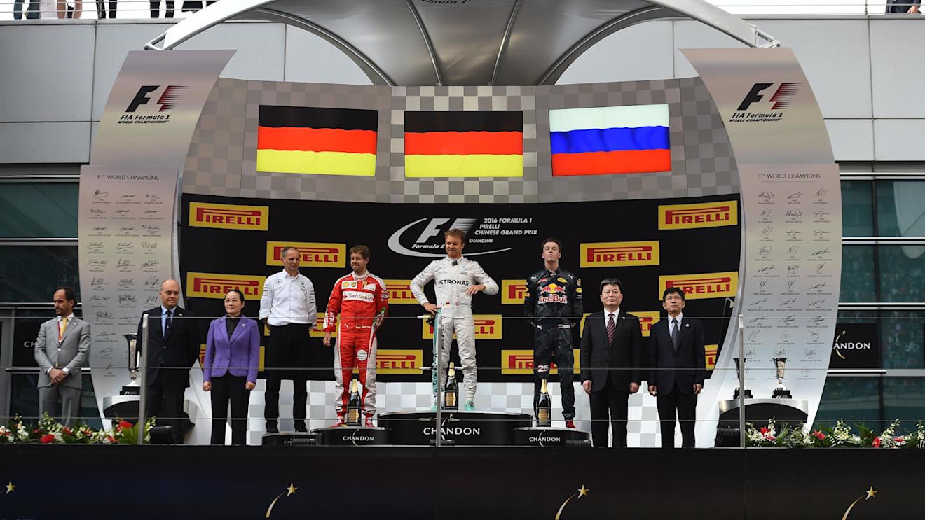 (L to R): Sebastian Vettel (GER) Ferrari, race winner Nico Rosberg (GER) Mercedes AMG F1 and Daniil Kvyat (RUS) Red Bull Racing celebrate on the podium at Formula One World Championship, Rd3, Chinese Grand Prix, Race, Shanghai, China, Sunday 17 April 2016. © Sutton Motorsport Images