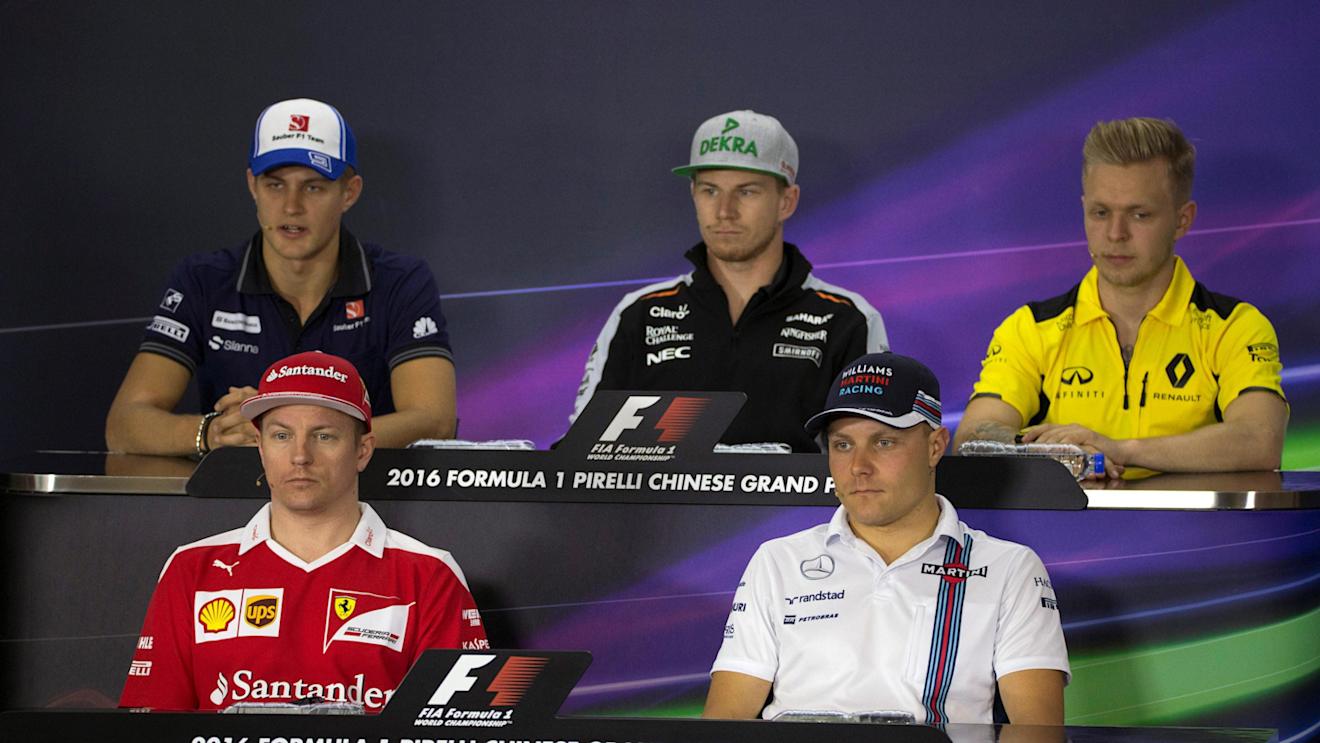 (L to R): Marcus Ericsson (SWE) Sauber, Kimi Raikkonen (FIN) Ferrari, Nico Hulkenberg (GER) Force India F1, Valtteri Bottas (FIN) Williams and Kevin Magnussen (DEN) Renault Sport F1 Team in the press conference at Formula One World Championship, Rd3, Chinese Grand Prix, Preparations, Shanghai, China, Thursday 14 April 2016. © Sutton Motorsport Images