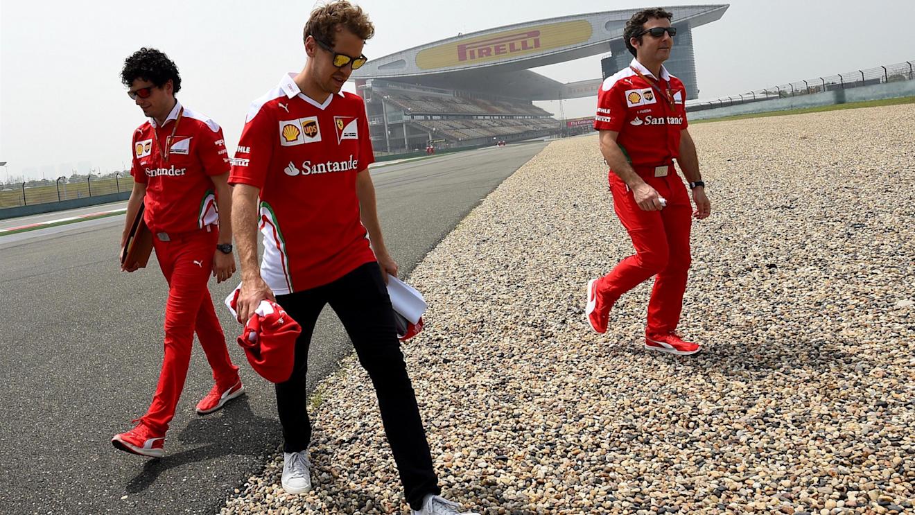 Sebastian Vettel (GER) Ferrari walks the track with Riccardo Adami (ITA) Ferrari Race Engineer  and Jock Clear (GBR) Ferrari Chief Engineer at Formula One World Championship, Rd3, Chinese Grand Prix, Preparations, Shanghai, China, Thursday 14 April 2016.
 © Sutton Motorsport Images