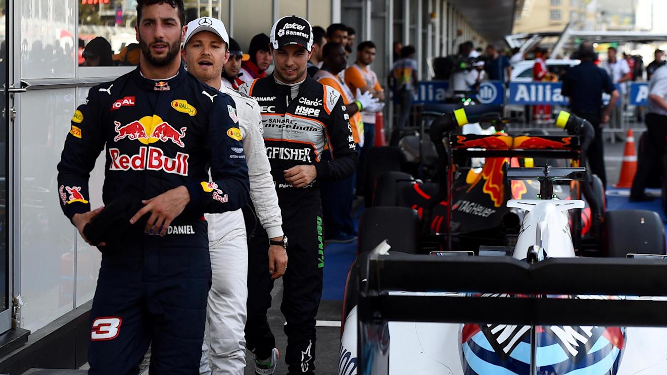 Daniel Ricciardo (AUS) Red Bull Racing, Nico Rosberg (GER) Mercedes AMG F1 and Sergio Perez (MEX) Force India in parc ferme at Formula One World Championship, Rd8, European Grand Prix, Qualifying, Baku City Circuit, Baku, Azerbaijan, Saturday 18 June 2016. © Sutton Images