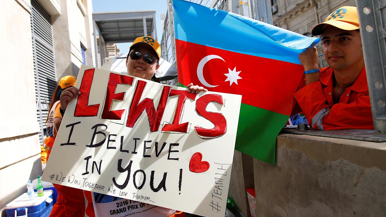 Marshals and banner for Lewis Hamilton (GBR) Mercedes AMG F1 at Formula One World Championship, Rd8, European Grand Prix, Race, Baku City Circuit, Baku, Azerbaijan, Sunday 19 June 2016. © Luca Martini Sutton Images