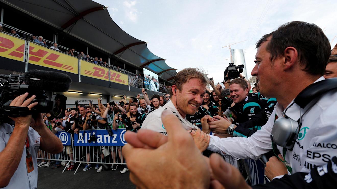 Race winner Nico Rosberg (GER) Mercedes AMG F1 celebrates in parc ferme with the team at Formula One World Championship, Rd8, European Grand Prix, Race, Baku City Circuit, Baku, Azerbaijan, Sunday 19 June 2016. © Sutton Images