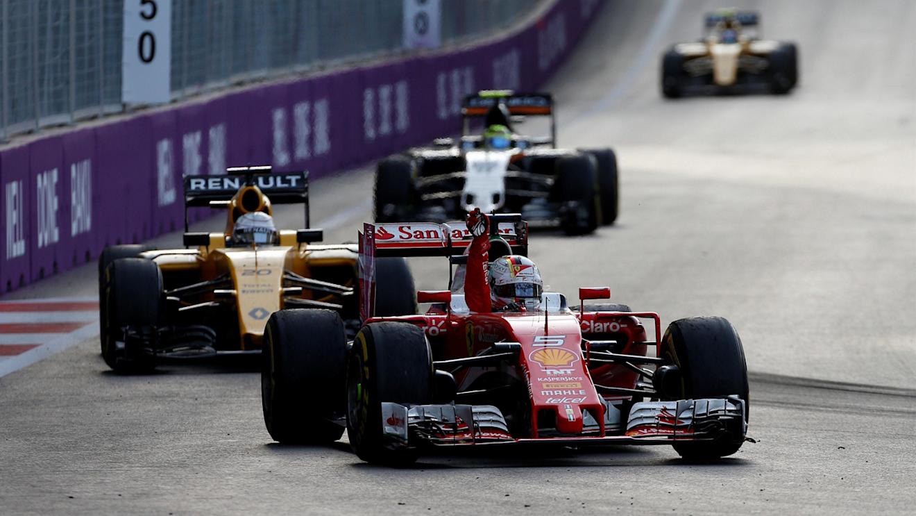 Sebastian Vettel (GER) Ferrari SF16-H celebrates at the end of the race at Formula One World Championship, Rd8, European Grand Prix, Race, Baku City Circuit, Baku, Azerbaijan, Sunday 19 June 2016. © Sutton Images