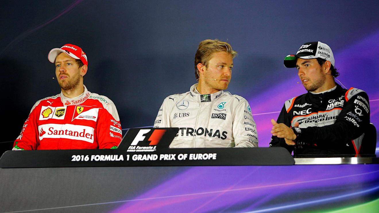 (L to R): Sebastian Vettel (GER) Ferrari, race winner Nico Rosberg (GER) Mercedes AMG F1 and Sergio Perez (MEX) Force India in the Press Conference at Formula One World Championship, Rd8, European Grand Prix, Race, Baku City Circuit, Baku, Azerbaijan, Sunday 19 June 2016. © Sutton Images