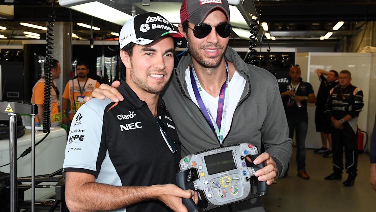 Sergio Perez (MEX) Force India and Enrique Iglesias (ESP) at Formula One World Championship, Rd8, European Grand Prix, Race, Baku City Circuit, Baku, Azerbaijan, Sunday 19 June 2016. © Sutton Images