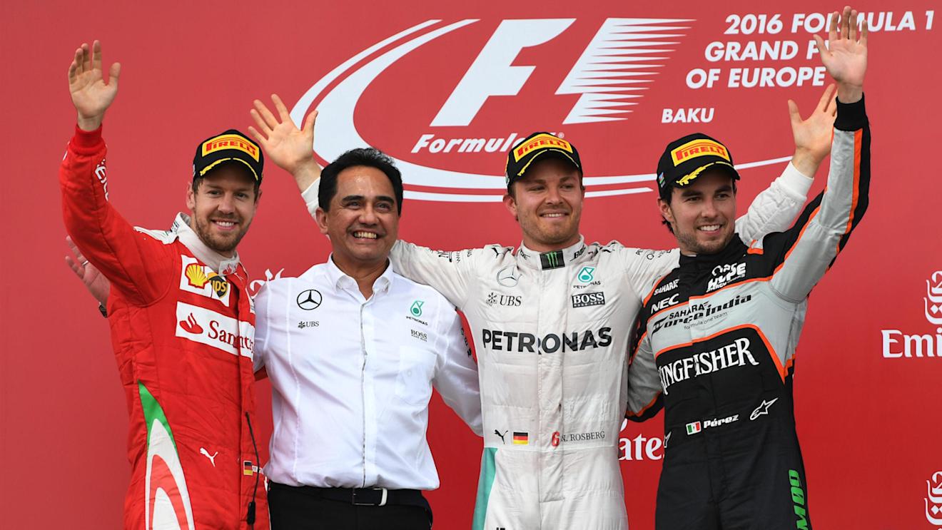 Race winner Nico Rosberg (GER) Mercedes AMG F1 celebrates on the podium on the podium wth Sergio Perez (MEX) Force India and Sebastian Vettel (GER) Ferrari at Formula One World Championship, Rd8, European Grand Prix, Race, Baku City Circuit, Baku, Azerbaijan, Sunday 19 June 2016. © Sutton Images