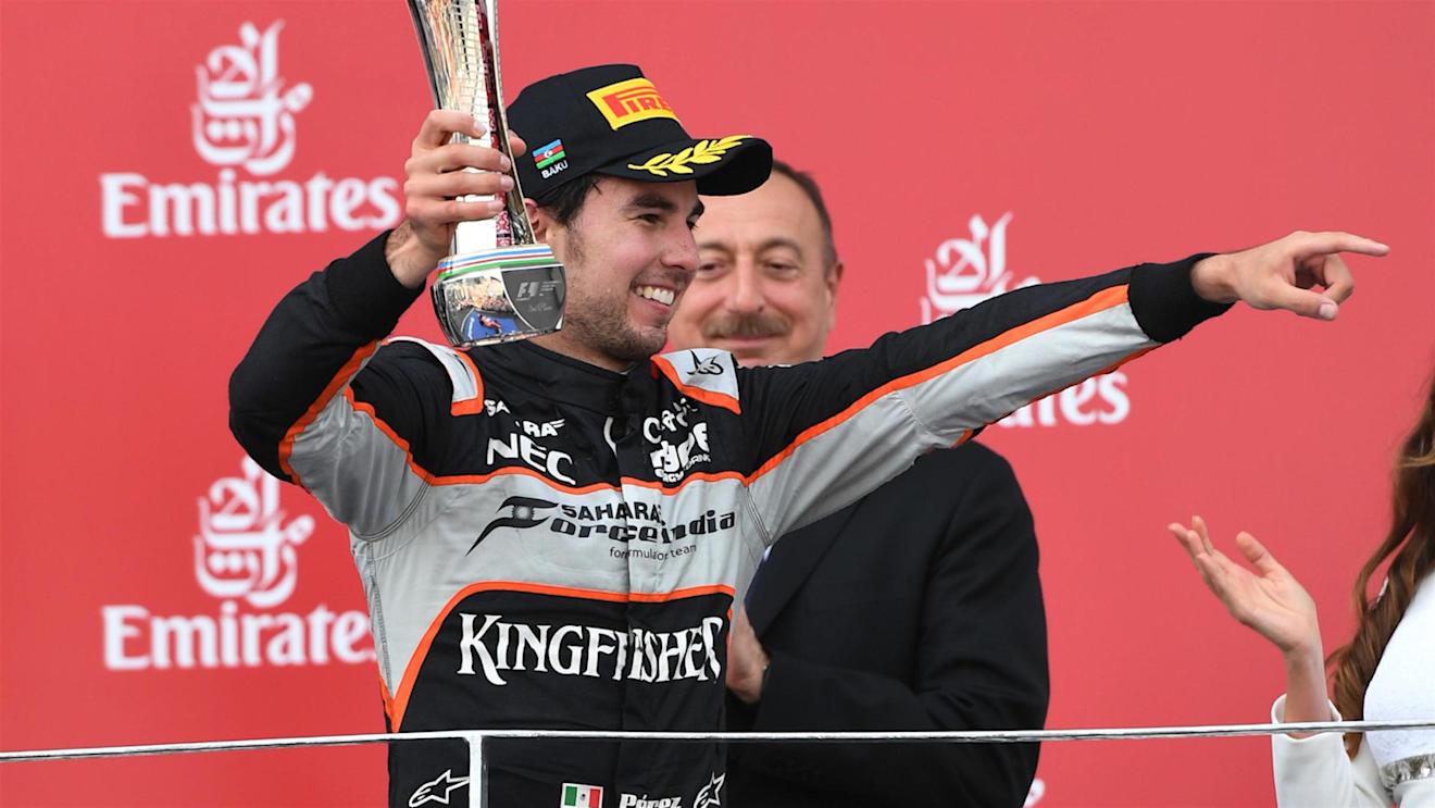 Sergio Perez (MEX) Force India celebrates on the podium with the trophy at Formula One World Championship, Rd8, European Grand Prix, Race, Baku City Circuit, Baku, Azerbaijan, Sunday 19 June 2016. © Sutton Images