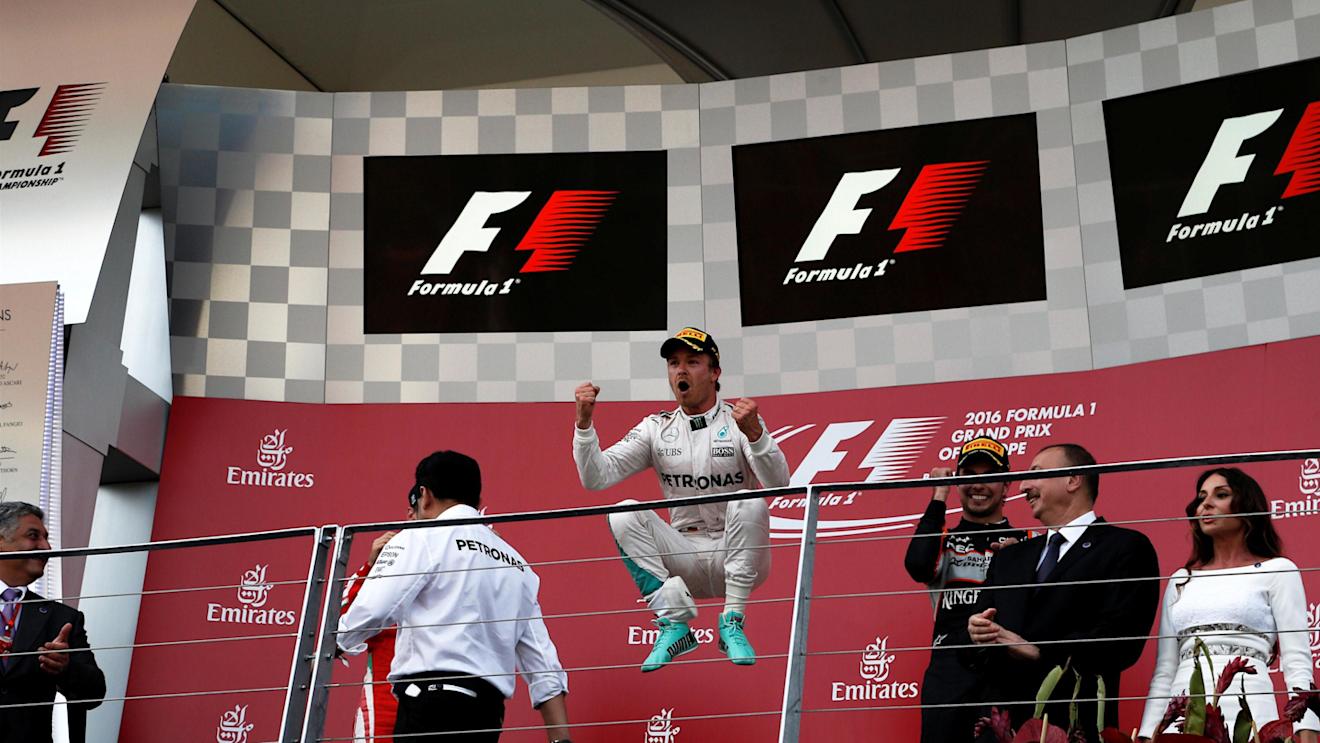 Race winner Nico Rosberg (GER) Mercedes AMG F1 celebrates on the podium at Formula One World Championship, Rd8, European Grand Prix, Race, Baku City Circuit, Baku, Azerbaijan, Sunday 19 June 2016. © Sutton Images