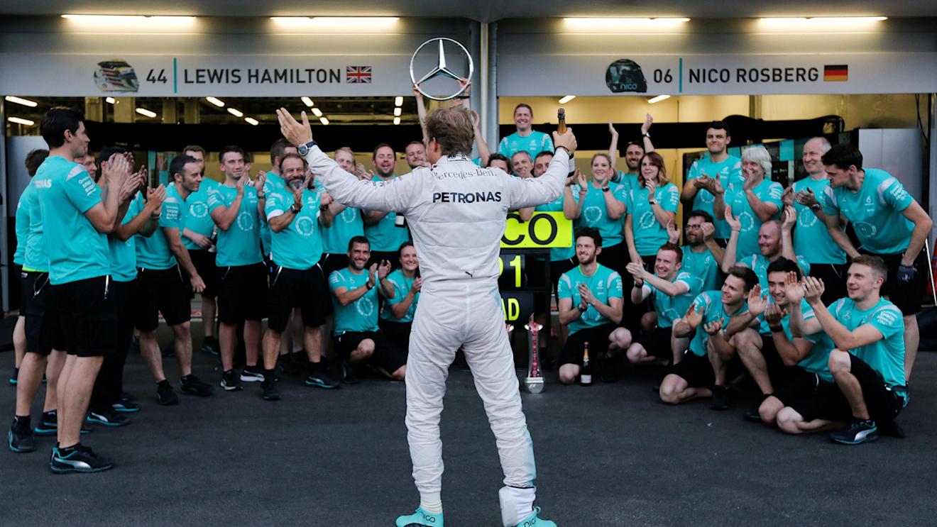 Race winner Nico Rosberg (GER) Mercedes AMG F1 celebrates with the team at Formula One World Championship, Rd8, European Grand Prix, Race, Baku City Circuit, Baku, Azerbaijan, Sunday 19 June 2016. © Sutton Images