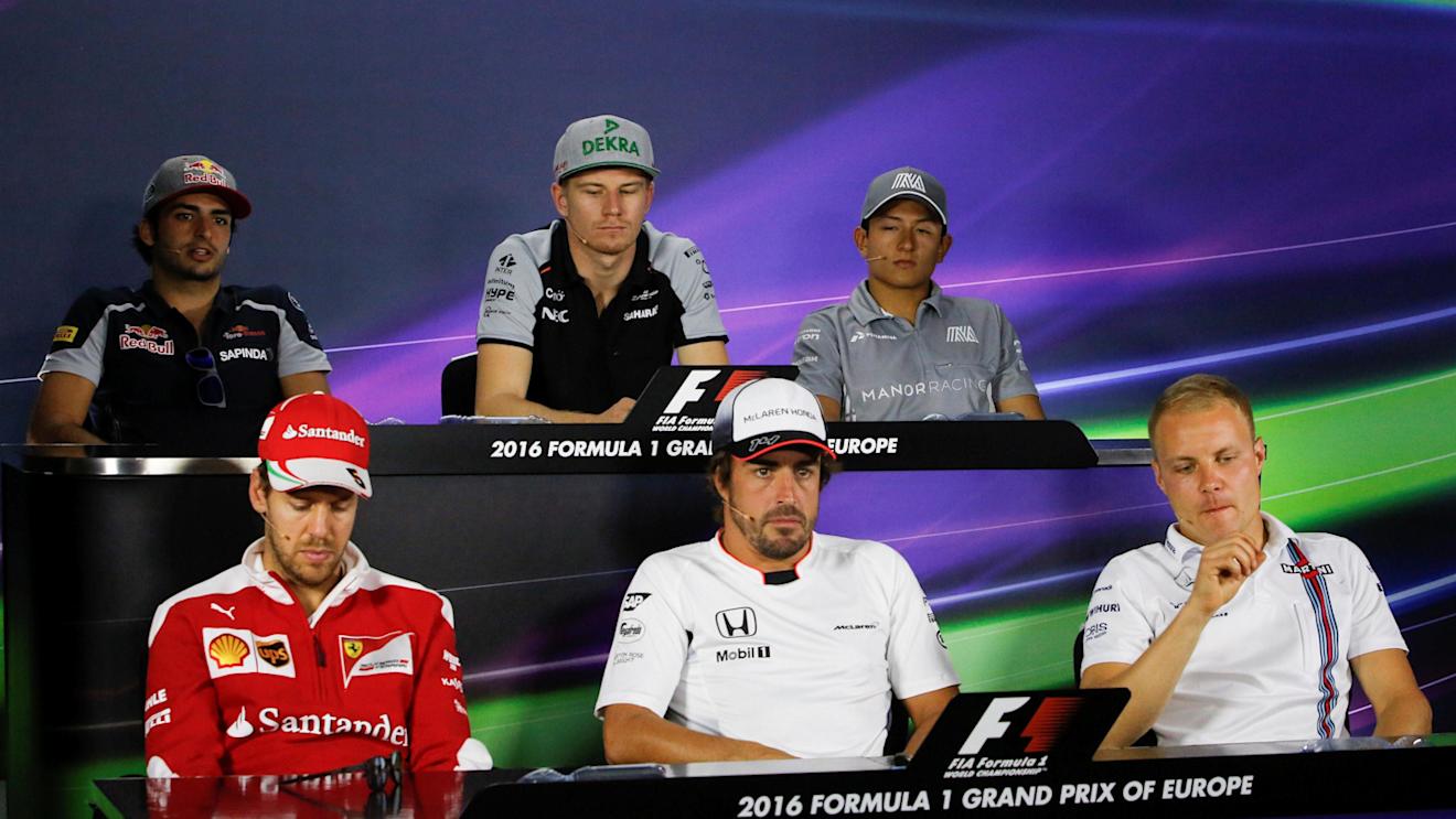 (L to R): Carlos Sainz jr (ESP) Scuderia Toro Rosso, Nico Hulkenberg (GER) Force India F1, Rio Haryanto (IDN) Manor Racing, Sebastian Vettel (GER) Ferrari, Fernando Alonso (ESP) McLaren AND Valtteri Bottas (FIN) Williams in the Press Conference at Formula One World Championship, Rd8, European Grand Prix, Preparations, Baku City Circuit, Baku, Azerbaijan, Thursday 16 June 2016. © Sutton Images